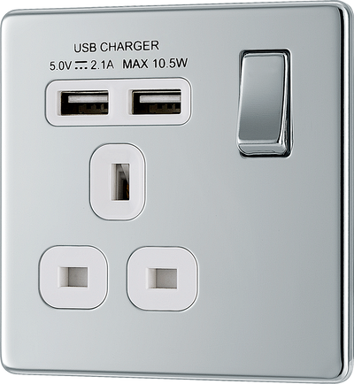 BG FPC21U2W Nexus Screwless Flat-Plate Single Switched Plug Socket Polished Chrome White Insert 2 USB 2.1A