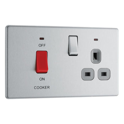 BG Screwless Brushed Steel 45 Amp Cooker Control Unit c/w Neon FBS70G with 25mm Steel Back Box