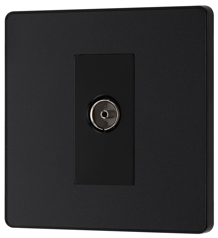 PCDMB60B Front - This Evolve Matt Black single coaxial socket from British General can be used for TV or FM aerial connections. This socket has a low profile screwless flat plate that clips on and off, making it ideal for modern interiors