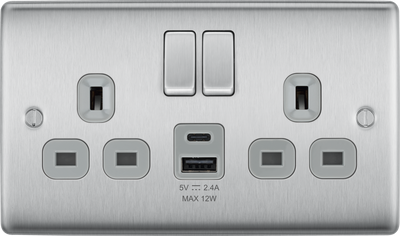 BG NBS22UAC12G Nexus Metal 13A Double Switched Power Socket + USB A+C (12W) - Brushed Steel + Grey Insert by British General (BG-NBS22UAC12G)