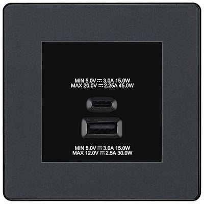 BG Evolve Matt Grey 45W USB Wall Socket Euro Module USB-A & C - Black Insert