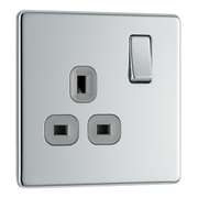BG FPC21G Nexus Screwless Flat-Plate Single Switched Plug Socket Polished Chrome Grey Insert 13A by British General (BG-FPC21G-Shopify-SA_1)