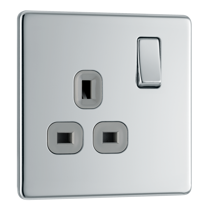  FPC21G Front - This Screwless Flat plate polished chrome finish 13A single switched socket from British General has a sleek flat profile that clips on and off for a screwless premium finish with no visible plastic around the switch.