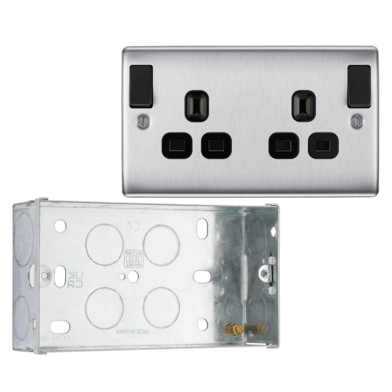 BG Nexus Brushed Steel 13A 2G DP Outboard Switched Socket NBS22DPOBB with 35mm Steel Back Box