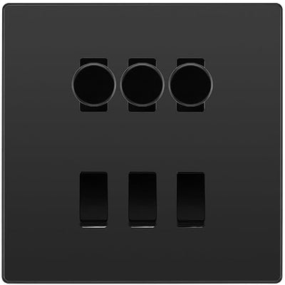 BG Evolve Black Chrome 6 Gang Switch 3x Trailing Edge LED Dimmer 3x 2Way Custom Switch by British General (BG-Evolve-BC-6G-CUSTOM-3x-Dimmer-3x-2WAY)