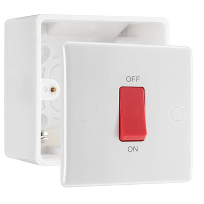 BG Nexus 1 Gang 45A 2 Pole Cooker Switch White & 50mm Pattress Back Box by British General (BG-875+877)