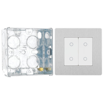 BG Evolve Brushed Steel Double Master Touch Dimmer Switch PCDBSTDM2W with 35mm Steel Back Box