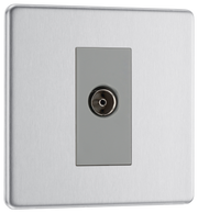 BG FBS62 Flatplate Screwless Isolated Co-axial Socket, 1 Gang Brushed Steel - Grey Insert by British General (BG-FBS62)