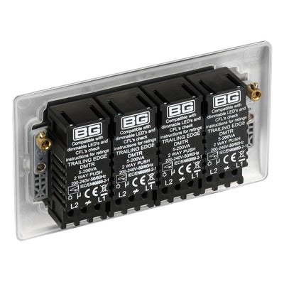 BG Nexus Brushed Steel 200W 2-Way 4 Gang Trailing Edge Push Dimmer & Surface Pattress Back Box