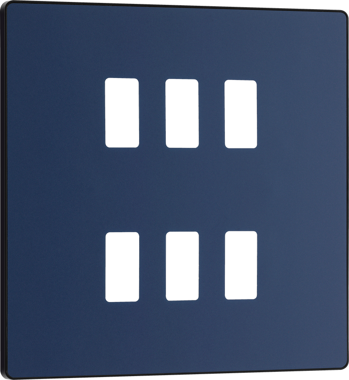 RPCDDB6B Front - The Grid modular range from British General allows you to build your own module configuration with a variety of combinations and finishes. This matt blue finish Evolve front plate clips on for a seamless finish, and can accommodate 6 Grid modules - ideal for commercial applications.