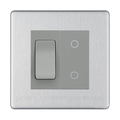 BG Brushed Steel Screwless 2 Gang Custom Switch 1x 2 Way Switch 1x Secondary Touch Dimmer Grey Inserts by British General (BG-SL-BS-2G-1x-2WAY-SWITCH-1x-STD-GI)
