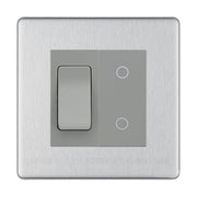 BG Brushed Steel Screwless 2 Gang Custom Switch 1x 2 Way Switch 1x Secondary Touch Dimmer Grey Inserts by British General (BG-SL-BS-2G-1x-2WAY-SWITCH-1x-STD-GI)