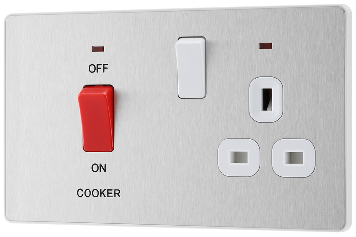 PCDBS70W Front - This Evolve Brushed Steel 45A cooker control unit from British General includes a 13A socket for an additional appliance outlet, and has flush LED indicators above the socket and switch.