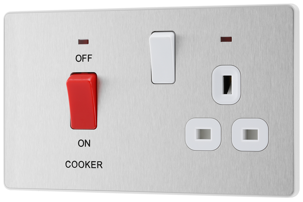 PCDBS70W Front - This Evolve Brushed Steel 45A cooker control unit from British General includes a 13A socket for an additional appliance outlet, and has flush LED indicators above the socket and switch.