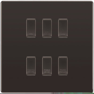 BG Screwless Black Nickel 6 Gang Engraved Custom Labelled Appliance Grid Switch by British General (Nexus-BN-Screwless-6G)