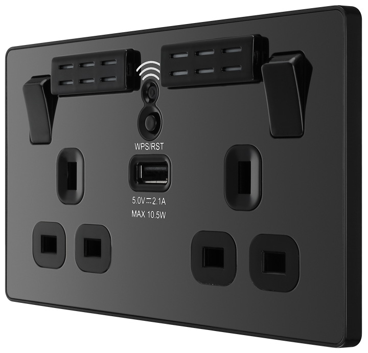 PCDBC22UWRB Side - This Evolve Black Chrome 13A double power socket with integrated Wi-Fi Extender from British General will eliminate dead spots and expand your Wi-Fi coverage.