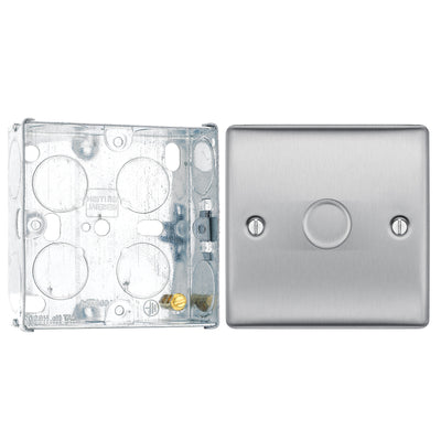 BG Nexus Brushed Steel 200W 2 Way Trailing Edge Single Dimmer Switch NBS81 with 25mm Steel Back Box by British General (BG-NBS81+HGS02)