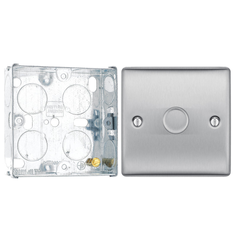 BG Nexus Brushed Steel 200W 2 Way Trailing Edge Single Dimmer Switch NBS81 with 25mm Steel Back Box