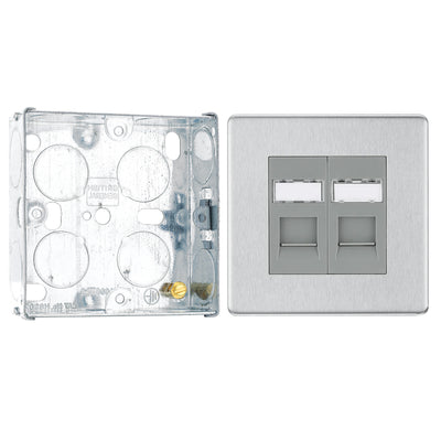 BG Screwless Brushed Steel 2 Gang RJ45 Double Data Outlet FBSRJ452 and 25mm Steel Back Box by British General (BG-FBSRJ452+HGS02)