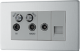FBS69 Front - This screened Quadplex socket from British General has an outlet for TV FM and 2 satellites, plus a return and shuttered telephone socket.