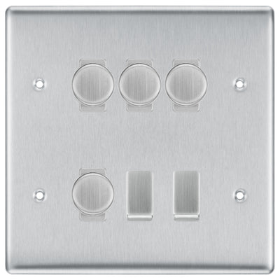 BG Nexus Brushed Steel 6 Gang Switch 4x Trailing Edge LED Dimmer 2x Intermediate Custom Grid Switch