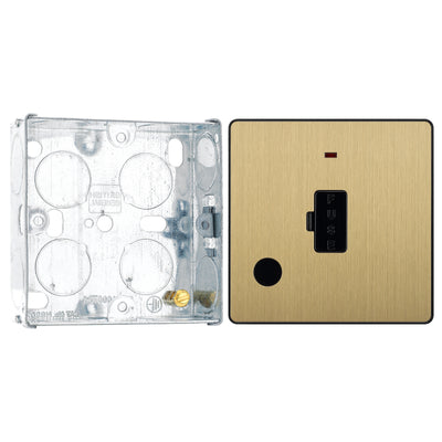 BG Evolve Satin Brass 13A Unswitched Spur with Neon and Flex Outlet PCDSB54B with 25mm Steel Back Box