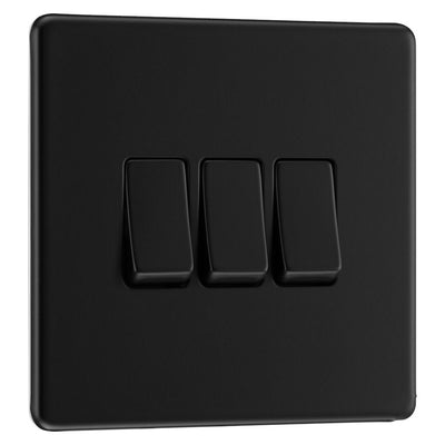 BG Screwless Matt Black 20A 16AX 2 Way Triple Light Switch FFB43 with 25mm Steel Back Box