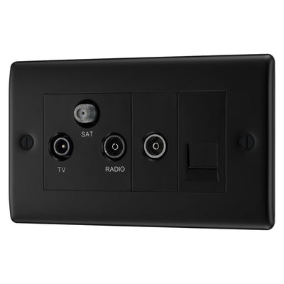 BG Nexus Matt Black Triplex TV/FM/Sat Socket + Return & Tel. NFB68 with 35mm Steel Back Box