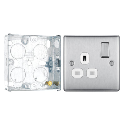 BG Nexus Metal Brushed Steel 13A Single Socket NBS21W with 25mm Steel Back Box by British General (BG-NBS21W+HGS02)