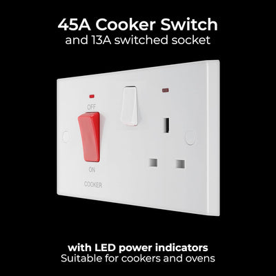 BG 970 Moulded Square Edge | White | 45A Switch 13A Switched Socket Neon Cooker Control Unit by British General (BG-970)