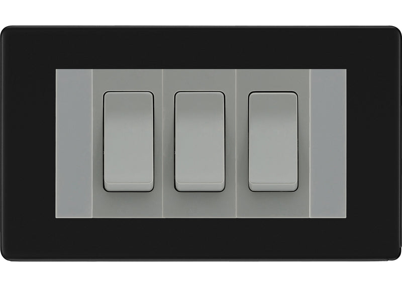 BG Matt Black Screwless 3 Gang Intermediate Light Switch Custom Grid - Grey Insert