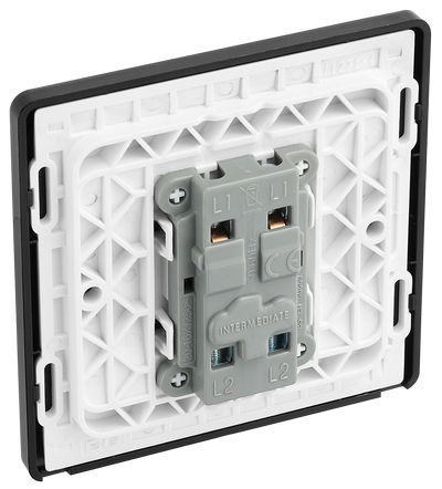 PCDSB13B Back - This Evolve Satin Brass 20A 16AX intermediate light switch from British General should be used as the middle switch when you need to operate one light from 3 different locations, such as either end of a hallway and at the top of the stairs. This switch has a low profile screwless flat plate that clips on and off, making it ideal for modern interiors.