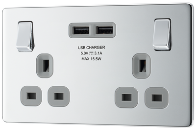 BG FPC22U3G Nexus Screwless Flat-Plate Double Switched Plug Socket Polished Chrome Grey Insert 2 USB 3.1A