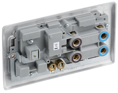 BG NBS70G Nexus Metal Brushed Steel 45A 2 Pole Cooker Switch 13A Neon Switched Socket - Grey Insert