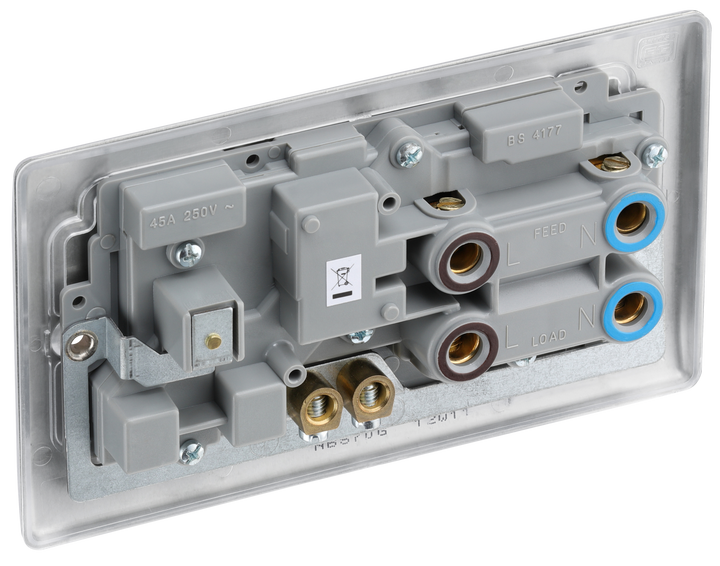 NBS70G Back - This 45A cooker control unit from British General includes a 13A socket for an additional appliance outlet, and has flush LED indicators above the socket and switch.