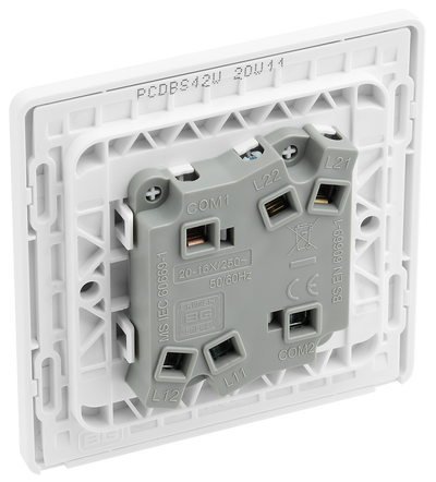 BG PCDBS42W Brushed Steel Evolve 2 Gang 20A 16AX 2 Way Light Switch - White Insert