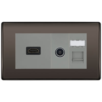 BG Nexus Black Nickel Media Wall Plate TV Aerial, HDMI & CAT6 Outlet - Grey Insert by British General