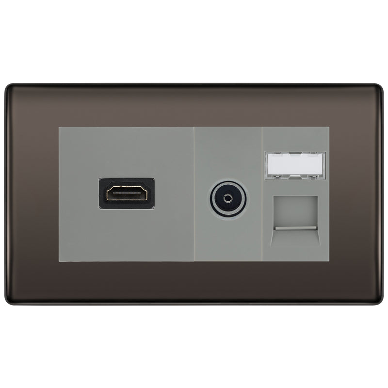 BG Nexus Black Nickel Media Wall Plate TV Aerial, HDMI & CAT6 Outlet - Grey Insert