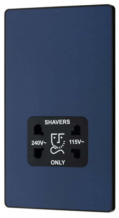 PCDDB20B Front - This Evolve Matt Blue dual voltage shaver socket from British General is suitable for use with 240V and 115V shavers and electric toothbrushes. 