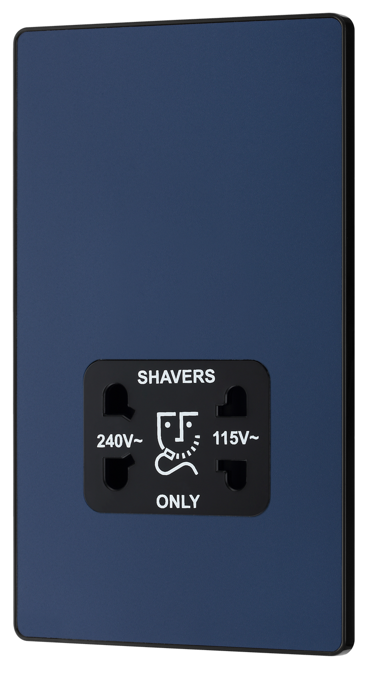 PCDDB20B Front - This Evolve Matt Blue dual voltage shaver socket from British General is suitable for use with 240V and 115V shavers and electric toothbrushes. 