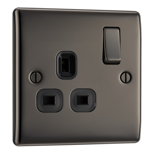 NBN21B Front - This black nickel finish 13A single switched socket from British General has a sleek and slim profile with softly rounded edges and no visible plastic around the switch to add a touch of luxury to your decor.