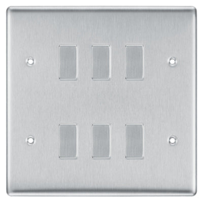 BG Nexus Brushed Steel 6G Intermediate Custom Grid Light Switch with Back Box Included by British General (BG-NEXUS-BS-6G-CUSTOM-6X INT SWITCH)