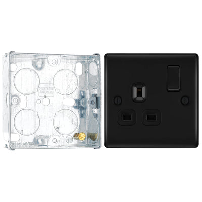 BG Nexus Matt Black 13A Single Switched Socket NFB21B with 25mm Steel Back Box by British General (BG-NFB21B+HGS02)