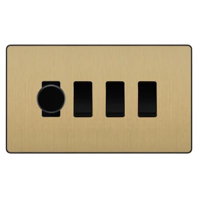 BG Evolve Satin Brass 4 Gang Switch 1x Trailing Edge LED Dimmer 3x Intermediate Custom Grid Switch by British General (BG-Evolve-SB-4G-CUSTOM-1x-Dimmer-3x-INT)