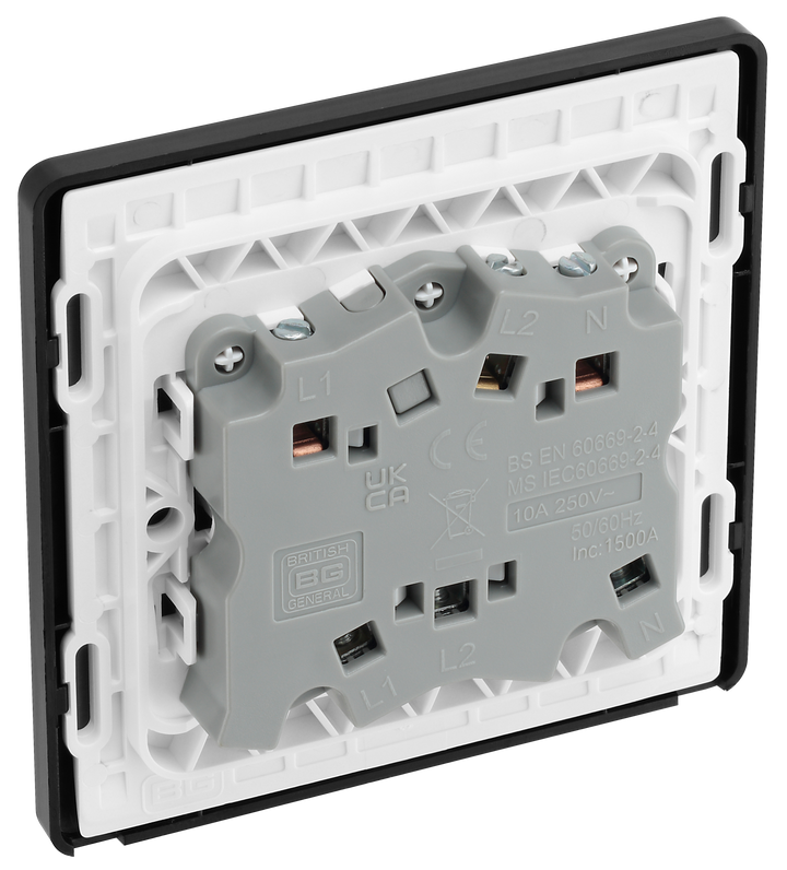 PCDMB15B Back - This Evolve Matt Black 10A triple pole fan isolator switch from British General provides a safe and simple method of isolating mechanical fan units. This switch has a low profile screwless flat plate that clips on and off, making it ideal for modern interiors.