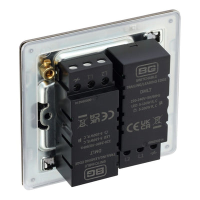 BG Screwless Black Nickel 200W 2 Way Double Trailing Edge Dimmer Switch FBN82 with 25mm Steel Back Box