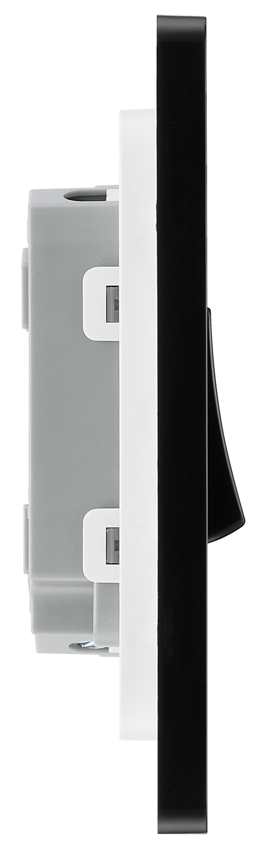 PCDSB42B Side -  This Evolve Satin Brass 20A 16AX double light switch from British General can operate 2 different lights, whilst the 2 way switching allows a second switch to be added to the circuit to operate the same light from another location (e.g. at the top and bottom of the stairs).