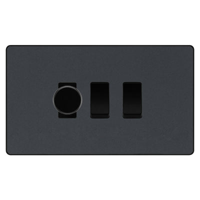 BG Evolve Matt Grey 3 Gang Switch 1x Trailing Edge LED Dimmer 2x Intermediate Custom Grid Switch by British General (BG-Evolve-MG-3G-CUSTOM-1x-Dimmer-2x-INT)