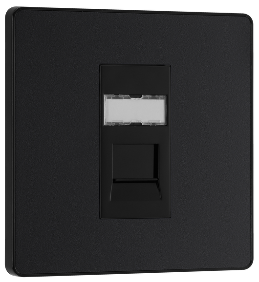 PCDMBRJ451B Front - This Evolve Matt Black RJ45 ethernet socket from British General uses an IDC terminal connection and is ideal for home and office, providing a networking outlet with ID window for identification. The Cat6 outlet supports data transfer speeds of up to 10Gbps at 250 MHz up to 164 feet.