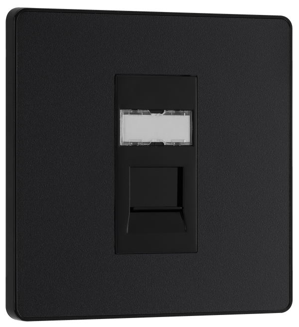 PCDMBRJ451B Front - This Evolve Matt Black RJ45 ethernet socket from British General uses an IDC terminal connection and is ideal for home and office, providing a networking outlet with ID window for identification. The Cat6 outlet supports data transfer speeds of up to 10Gbps at 250 MHz up to 164 feet.